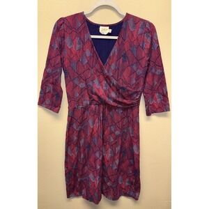Mata Traders Red Blue Fit Flare Wrap Dress Small Organic Cotton Boho Gypsy